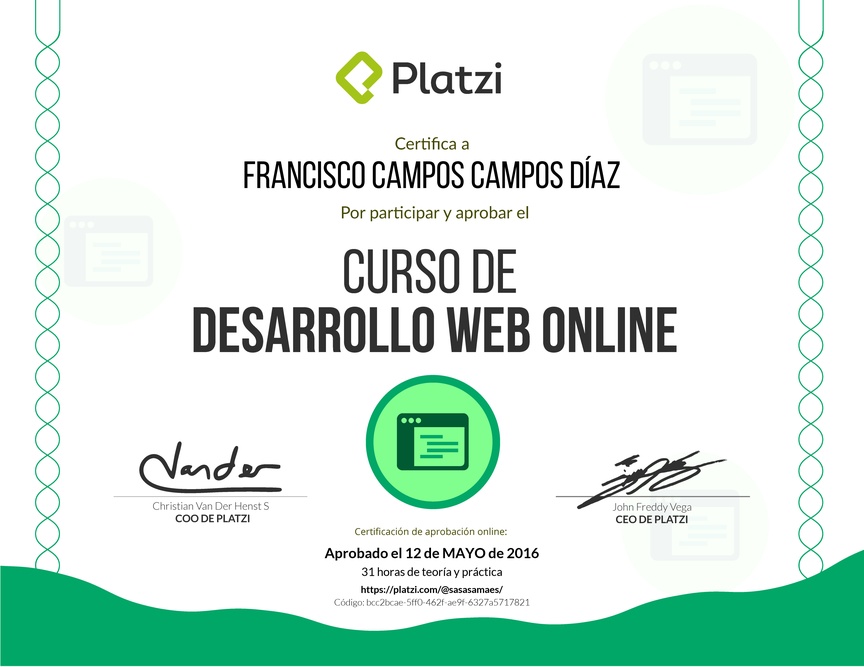 Diploma del Curso de Desarrollo Web Online 2016