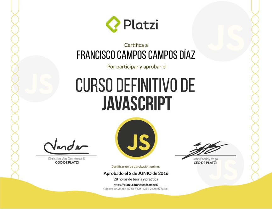 Diploma del Curso Definitivo de JavaScript 2016