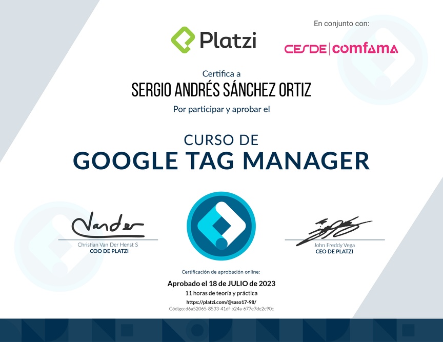 Diploma del Curso de Introducción a Google Tag Manager 📃