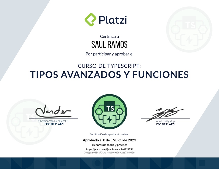Diploma del Curso de TypeScript: Tipos Avanzados y Funciones