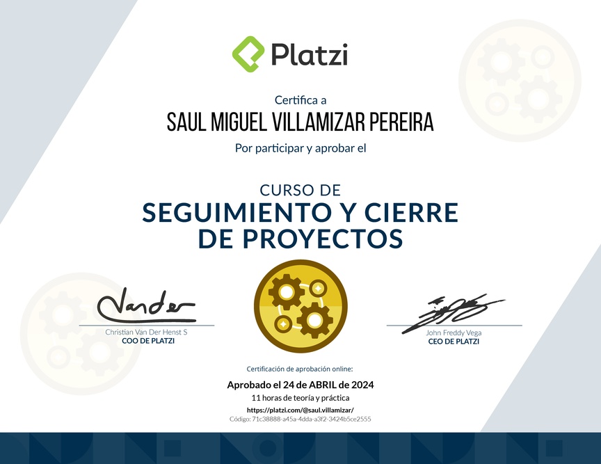 Diploma del Curso de Seguimiento y Cierre de Proyectos