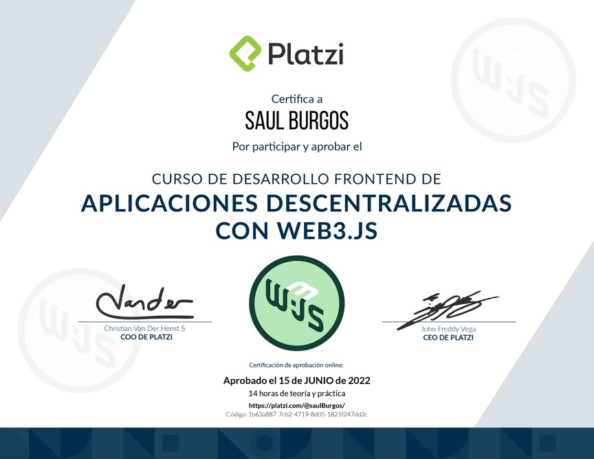 Diploma del Curso de Desarrollo Frontend de Aplicaciones Descentralizadas con Web3.Js