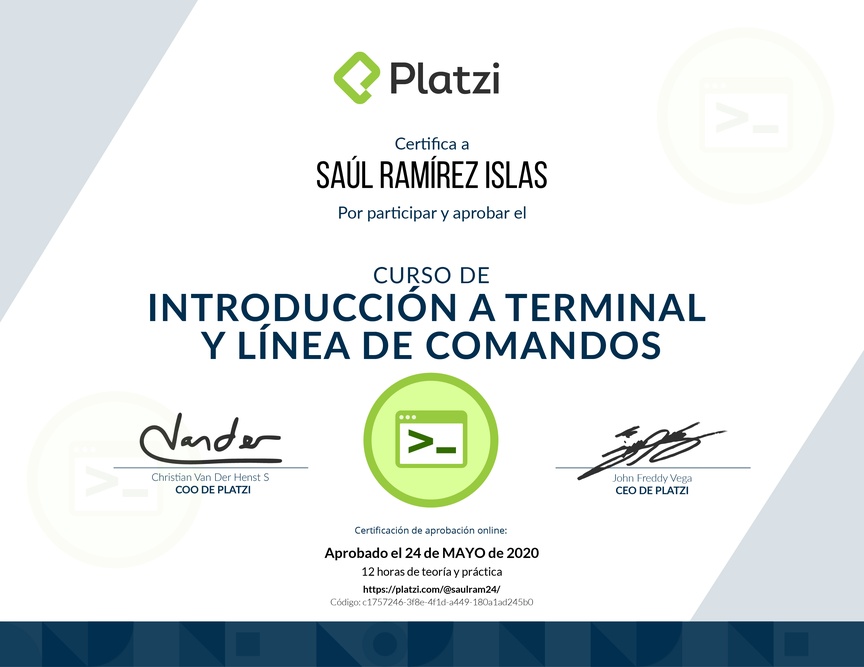 Diploma del Curso de Introducción a la Terminal y Línea de Comandos 2019