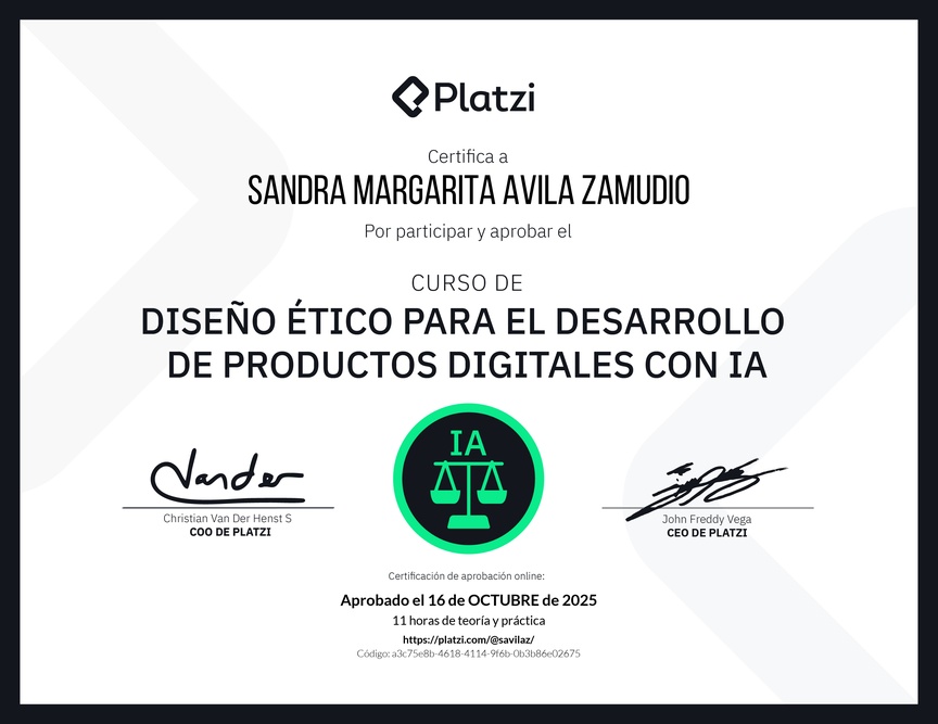 Diploma del Curso de Diseño Ético para el Desarrollo de Productos Digitales con IA