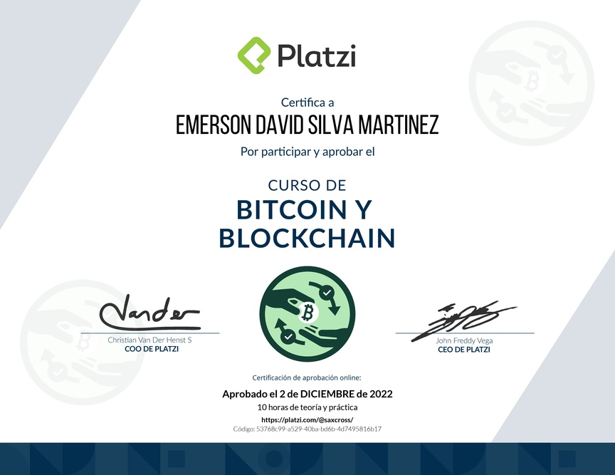 Diploma del Curso de Bitcoin y Blockchain