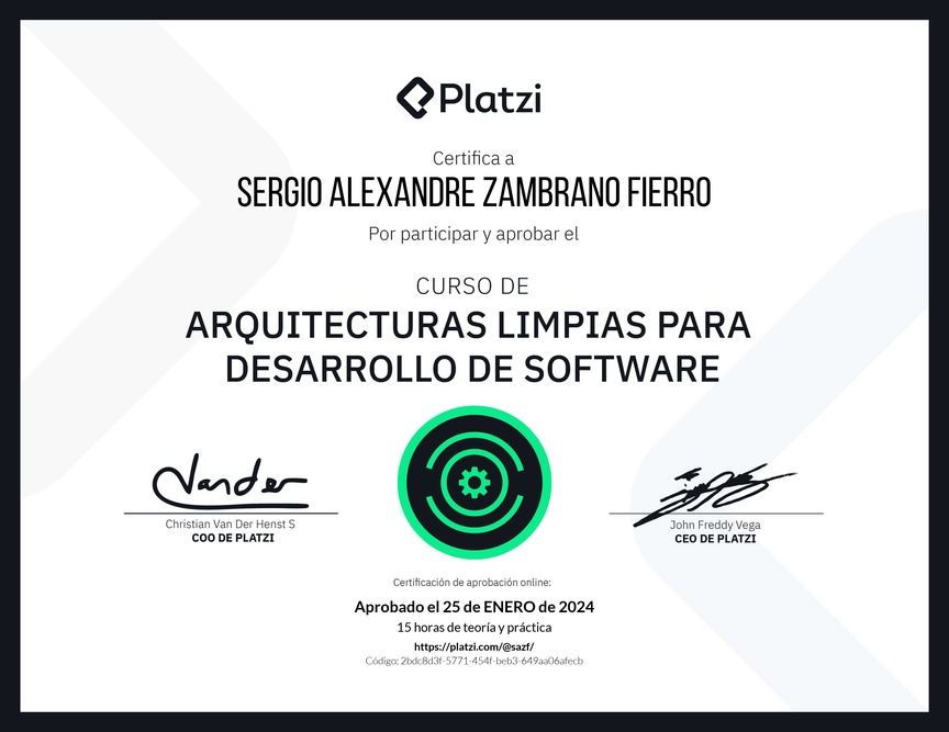 Diploma del Curso de Arquitecturas Limpias para Desarrollo de Software