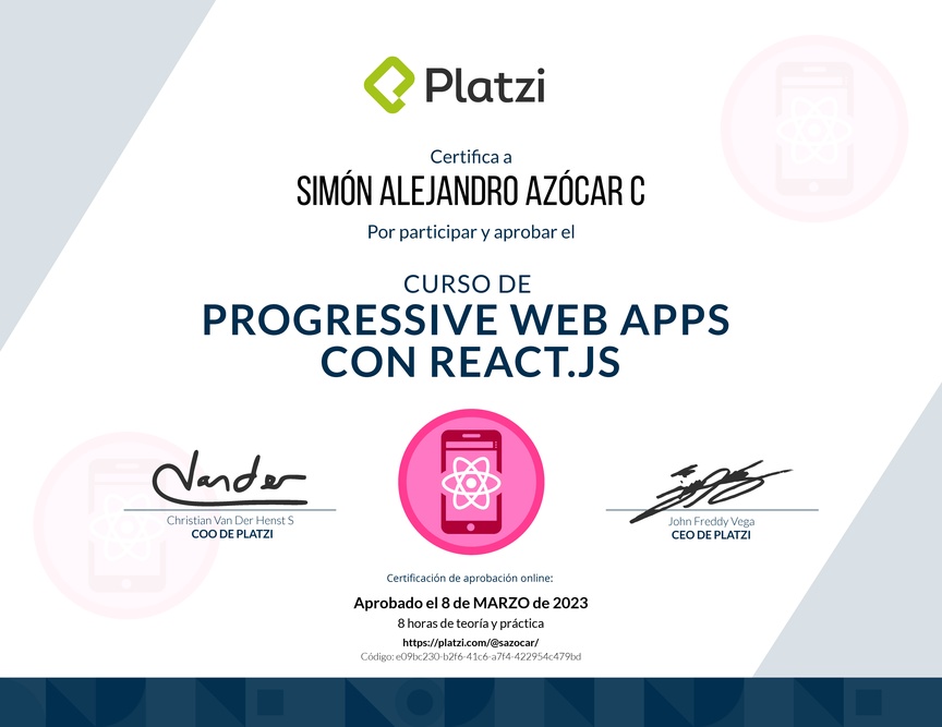 Diploma del Curso de Progressive Web Apps con React.js