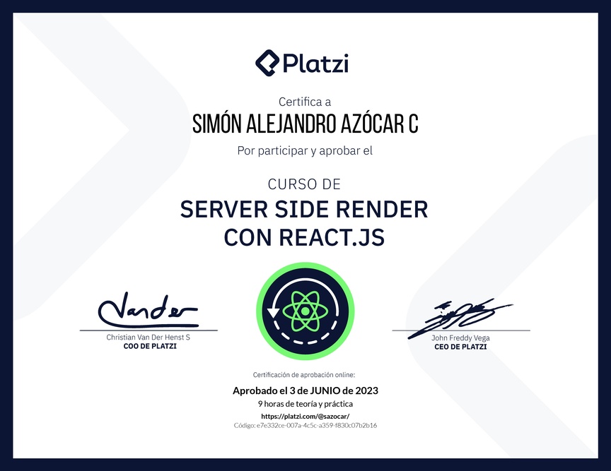 Diploma del Curso de Server Side Render o SSR con React.js