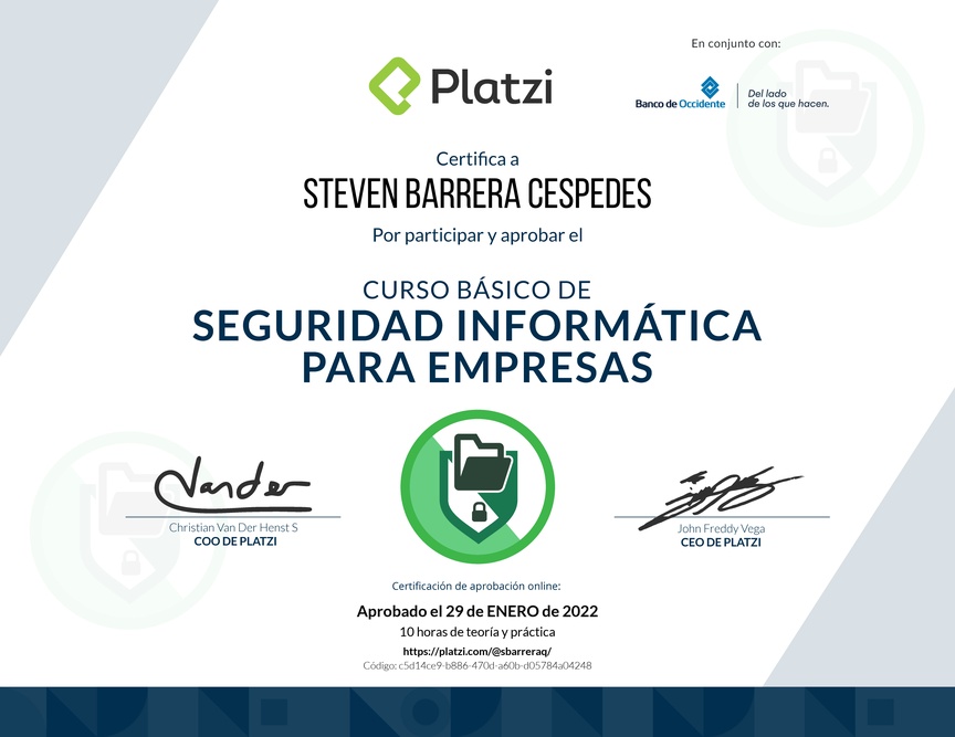Diploma del Curso Básico de Seguridad Informática para Empresas