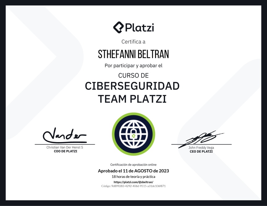 Diploma del Curso de Ciberseguridad y Privacidad - Team Platzi