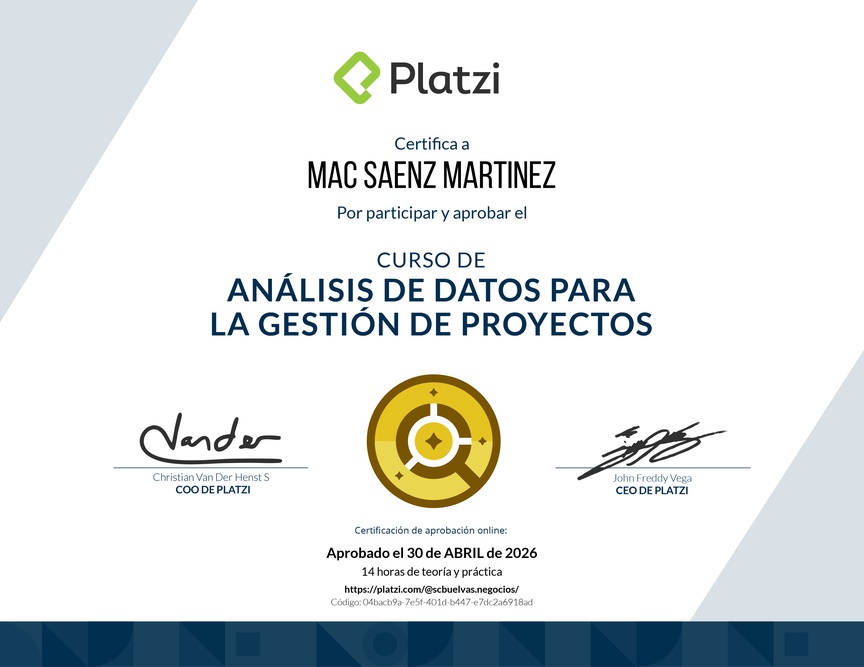 Diploma del Curso de Análisis de Datos para la Gestión de Proyectos