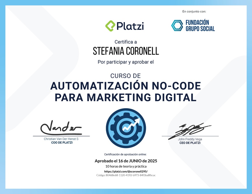 Diploma del Curso para Crear Automatizaciones No-Code para Marketing Digital