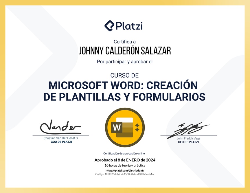 Diploma del Curso de Microsoft Word: Diseño de Plantillas y Creación de Formularios