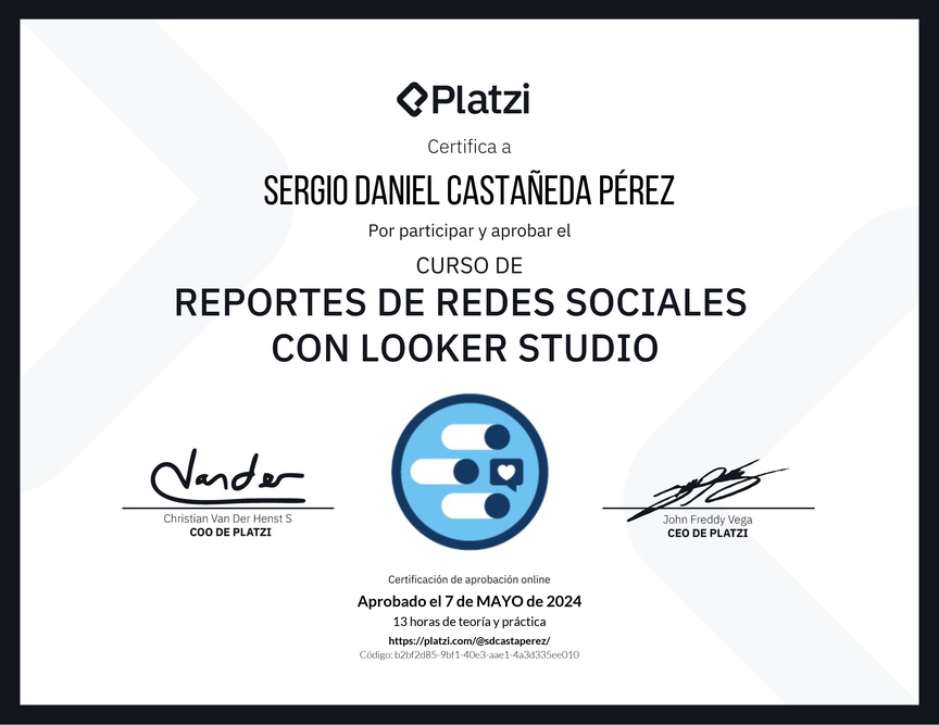 Diploma del Curso de Generación de Reportes de Redes Sociales con Looker Studio