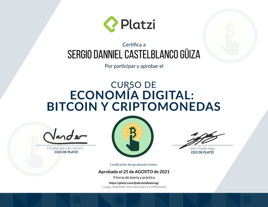 Diploma del Curso de Lectura Economía Digital: Bitcoin y Criptomonedas