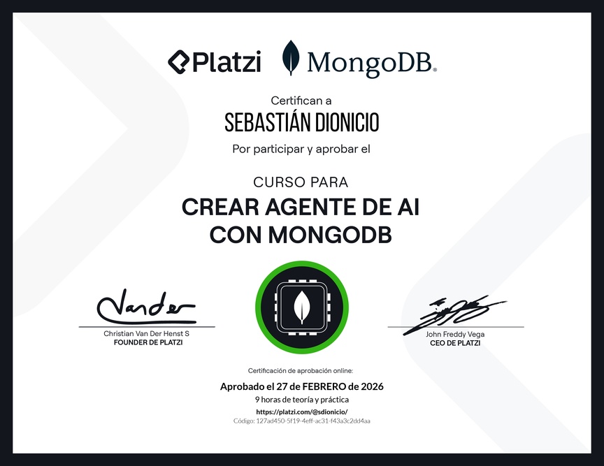 Diploma del Curso para Crear Agentes de AI con MongoDB