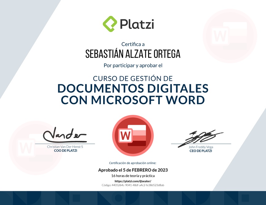 Diploma del Curso de Gestión de Documentos Digitales con Microsoft Word