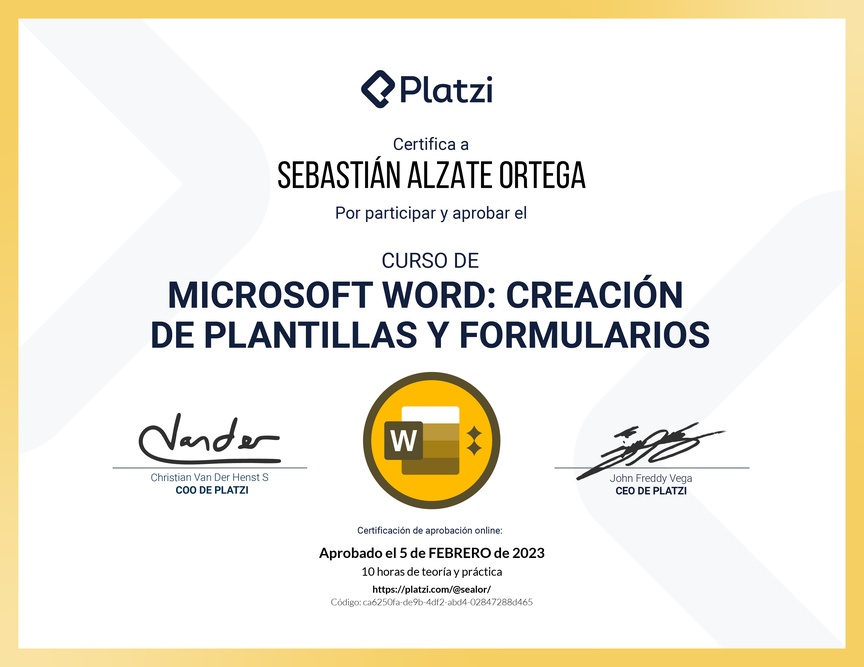 Diploma del Curso de Microsoft Word: Diseño de Plantillas y Creación de Formularios