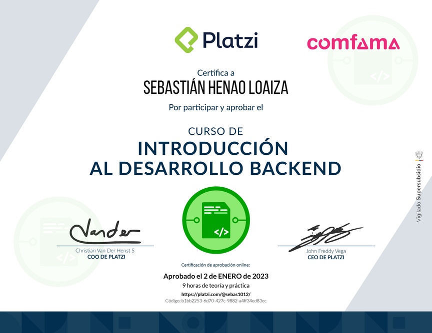 Diploma del Curso de Introducción al Desarrollo Backend