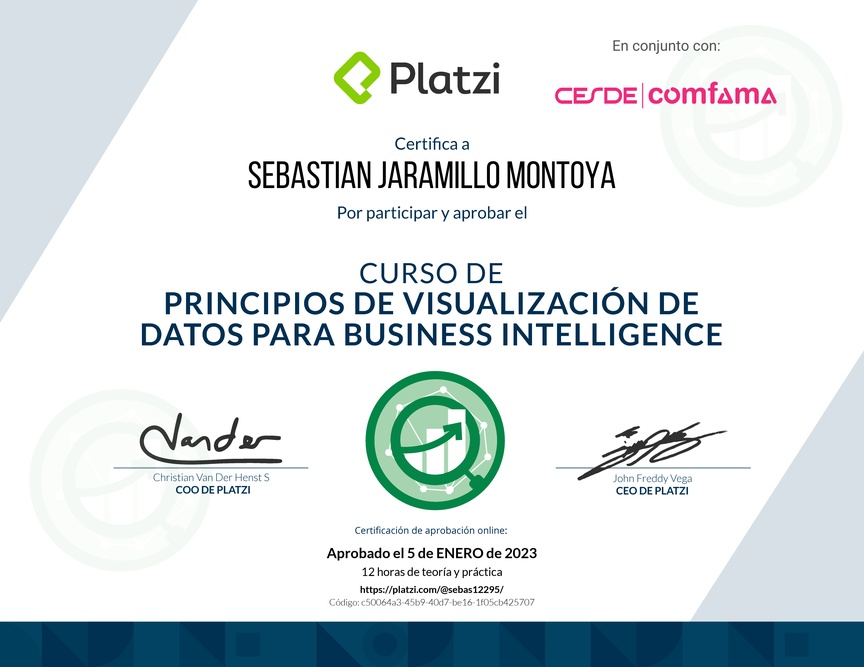 Diploma del Curso de Principios de Visualización de Datos para Business Intelligence (2021)