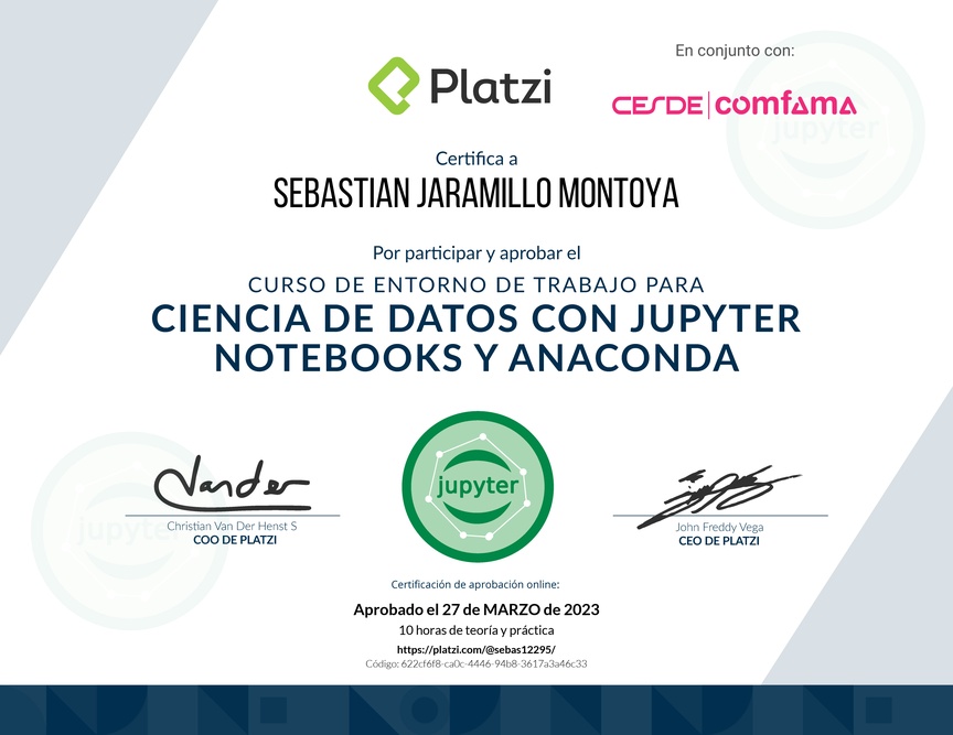 Diploma del Curso de Entorno de Trabajo para Ciencia de Datos con Jupyter Notebooks y Anaconda