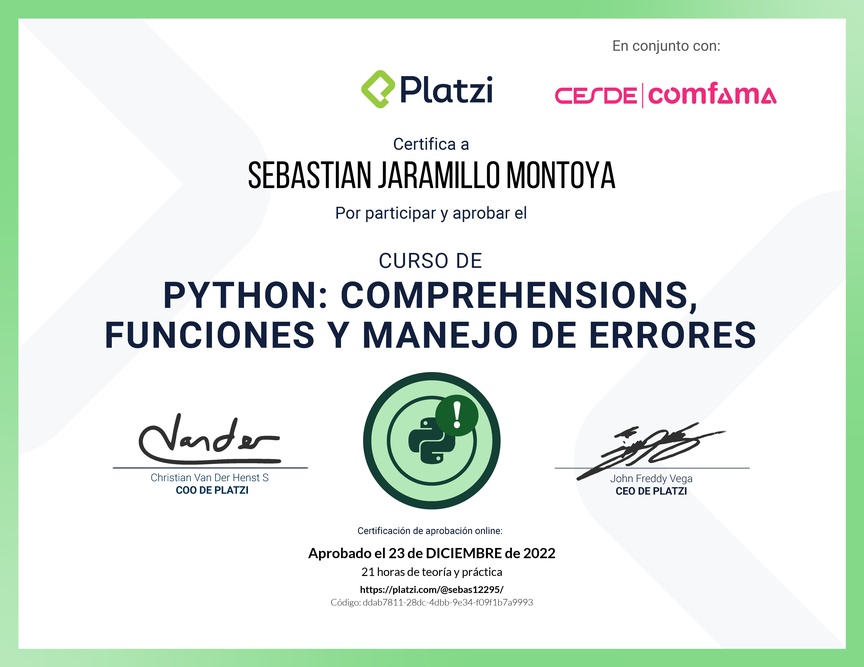 Diploma del Curso de Python: Comprehensions, Funciones y Manejo de Errores