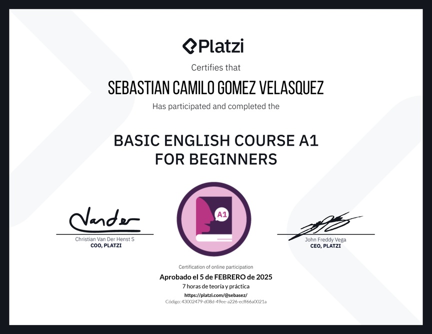 Diploma del Curso de Inglés Básico A1 para Principiantes