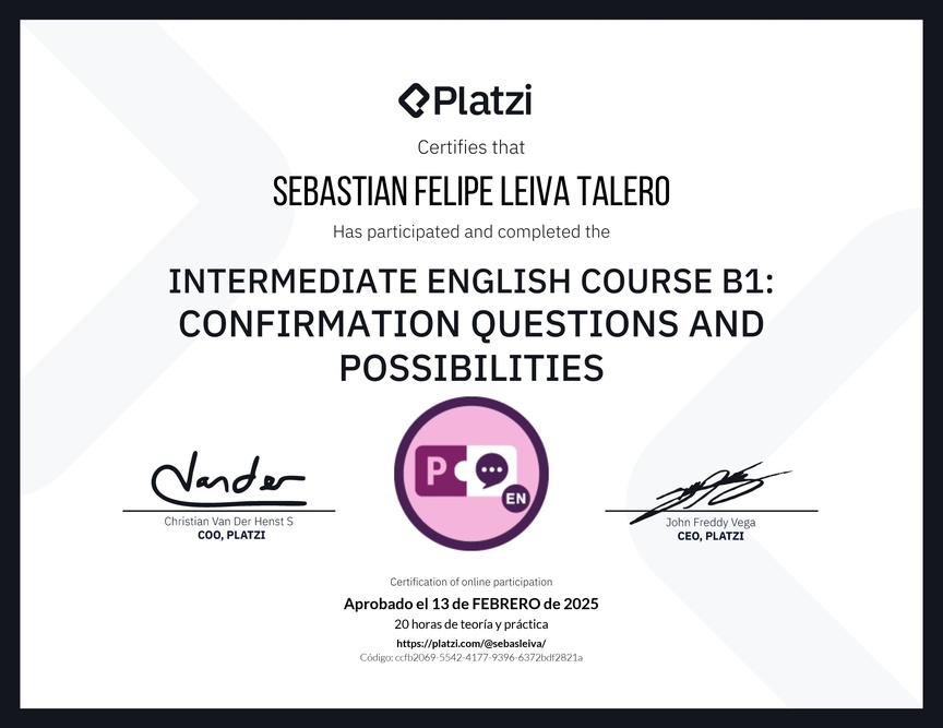 Diploma del Curso de Inglés Intermedio B1: Preguntas de Confirmación y Posibilidades