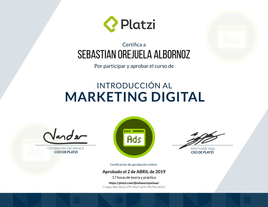 Diploma del Curso de Introducción al Marketing Digital (2018)