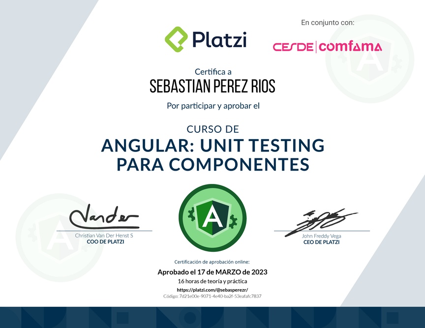 Diploma del Curso de Angular: Unit Testing para Componentes