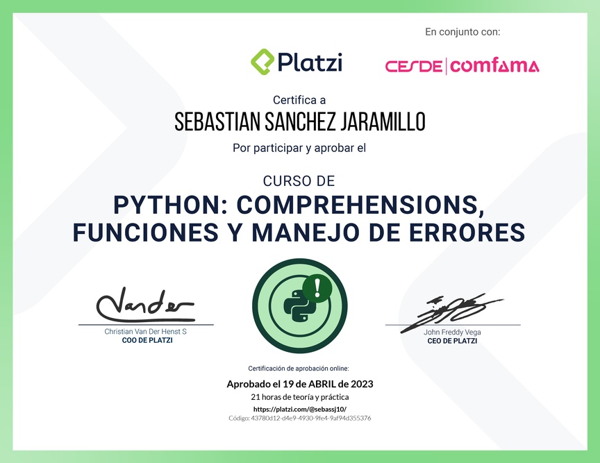 Diploma del Curso de Python: Comprehensions, Funciones y Manejo de Errores