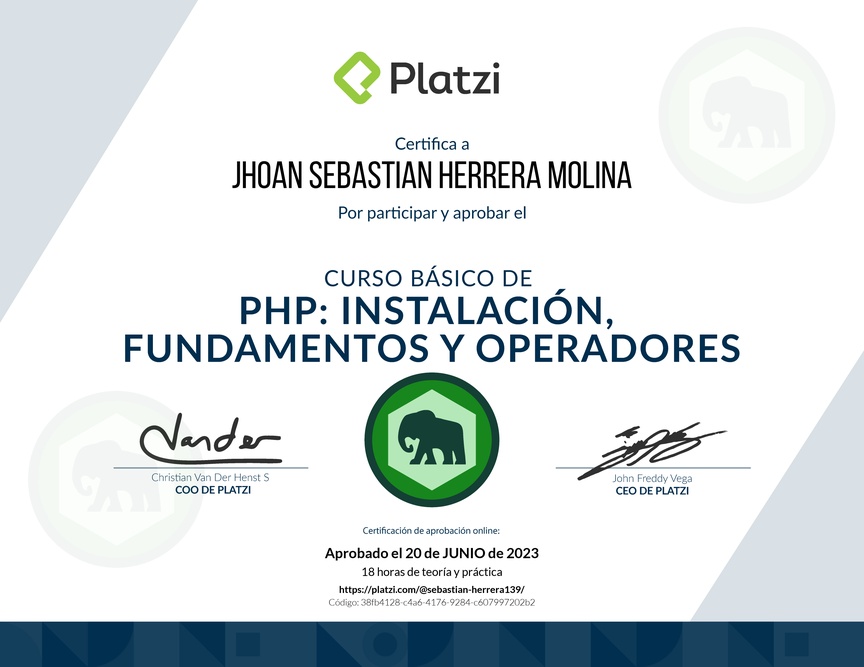 Diploma del Curso Básico de PHP: Instalación, Fundamentos y Operadores