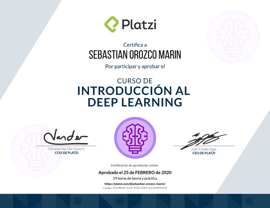 Diploma del Curso de Introducción al Deep Learning 2018