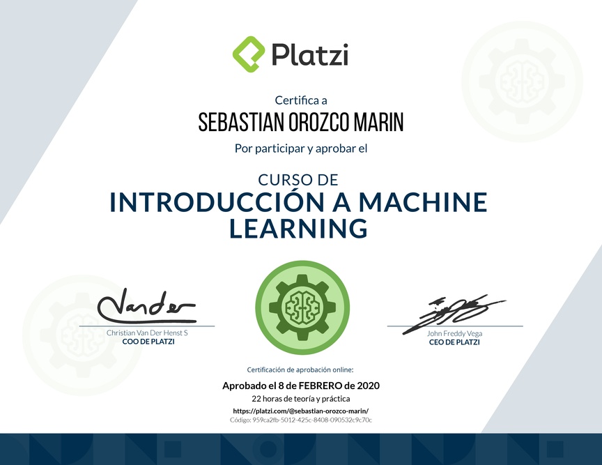 Diploma del Curso de Introducción a Machine Learning 2019