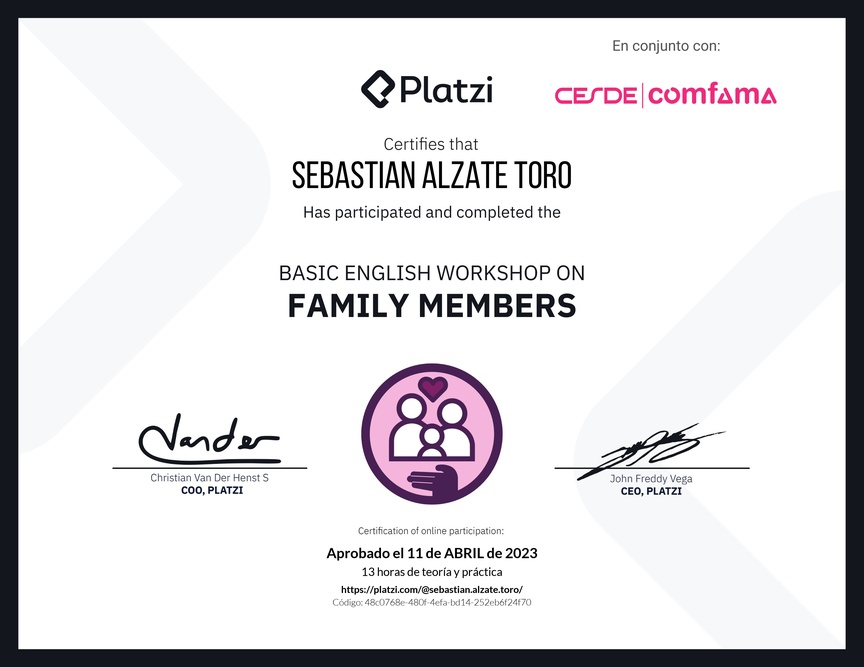 Diploma del Curso de Inglés Práctico sobre los Miembros de la Familia