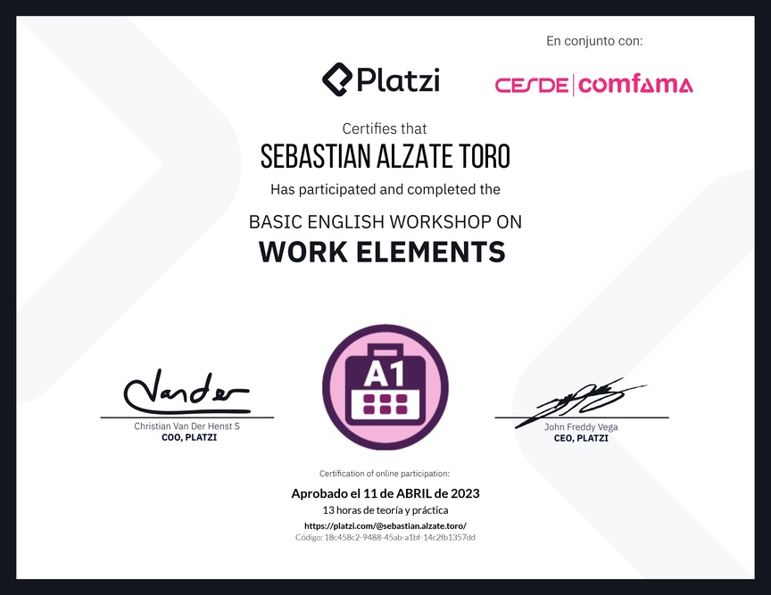 Diploma del Curso de Inglés Práctico sobre Elementos de Trabajo