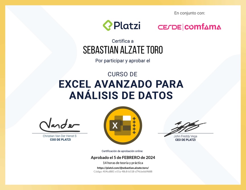 Diploma del Curso de Excel Avanzado para Análisis de Datos