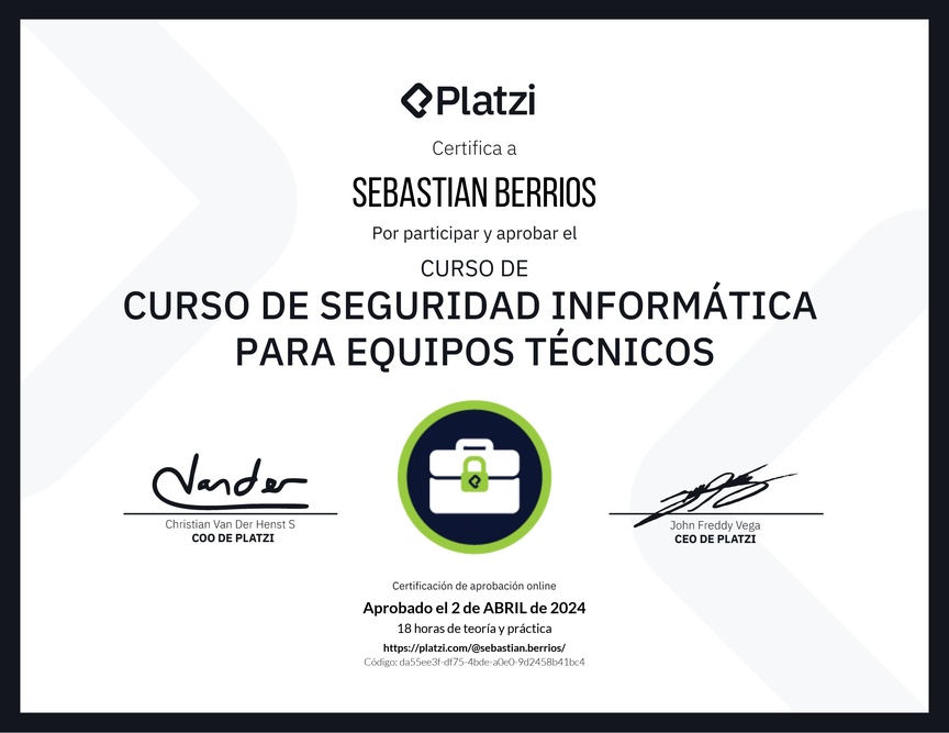 Diploma del Curso de Seguridad Informática para Equipos Técnicos