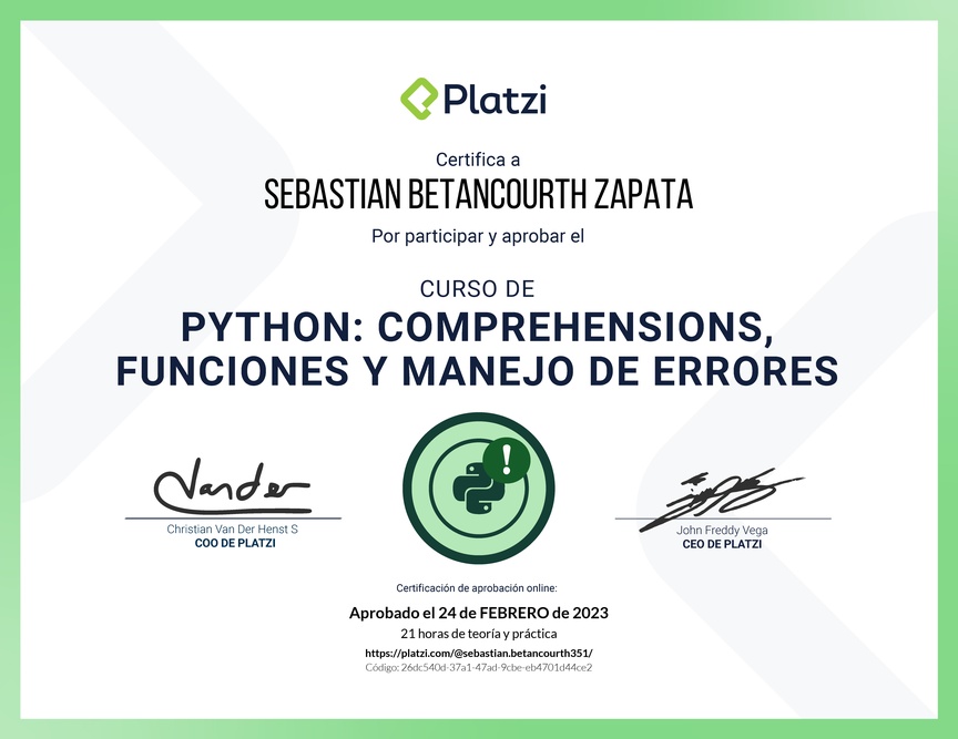 Diploma del Curso de Python: Comprehensions, Funciones y Manejo de Errores