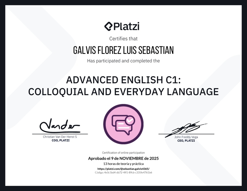 Diploma del Curso de Inglés Avanzado C1: Lenguaje Coloquial y Habitual