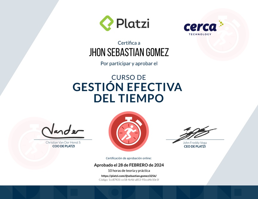 Diploma del Curso de Gestión Efectiva del Tiempo