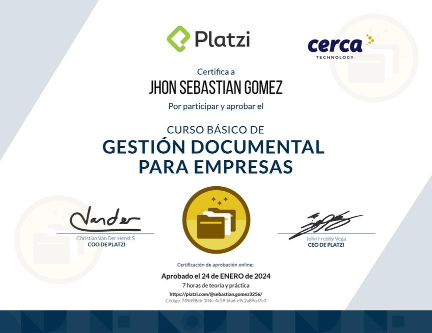 Diploma del Curso Básico de Gestión Documental para Empresas