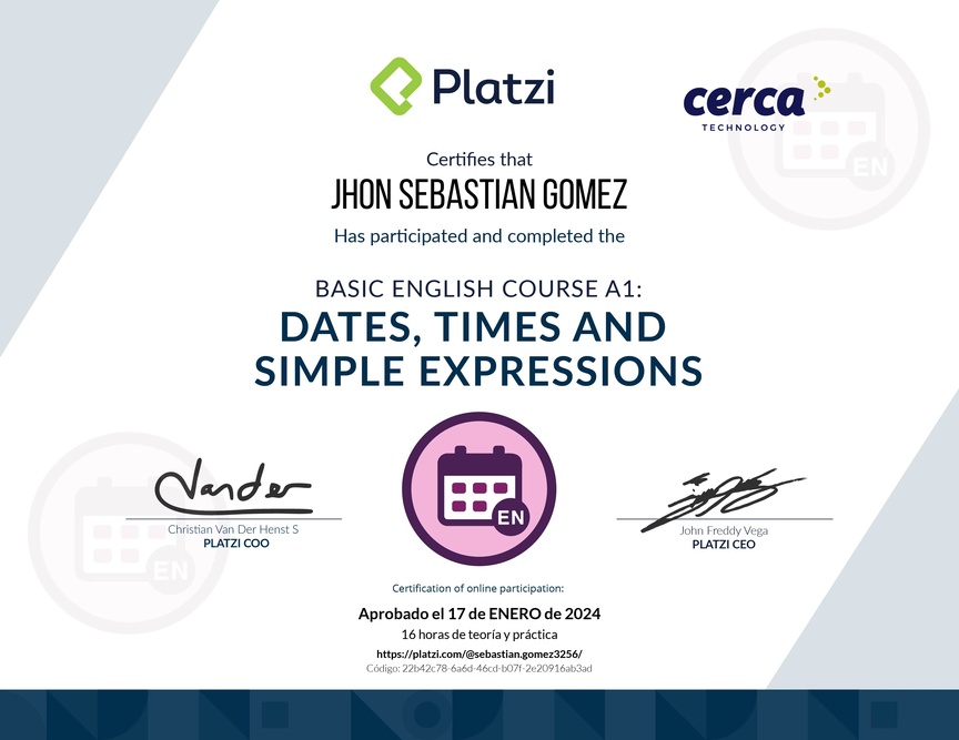 Diploma del Curso de Inglés Básico A1: Fechas, Horas y Expresiones Simples