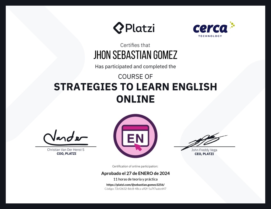 Diploma del Curso Gratis de Estrategias para Aprender Inglés en Línea