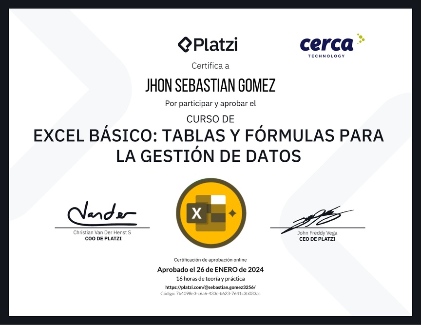 Diploma del Curso de Excel Básico: Tablas y Fórmulas para la Gestión de Datos