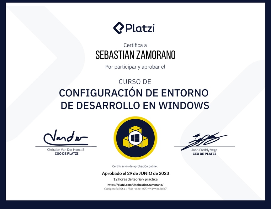 Diploma del Curso de Configuración de Entorno de Desarrollo en Windows