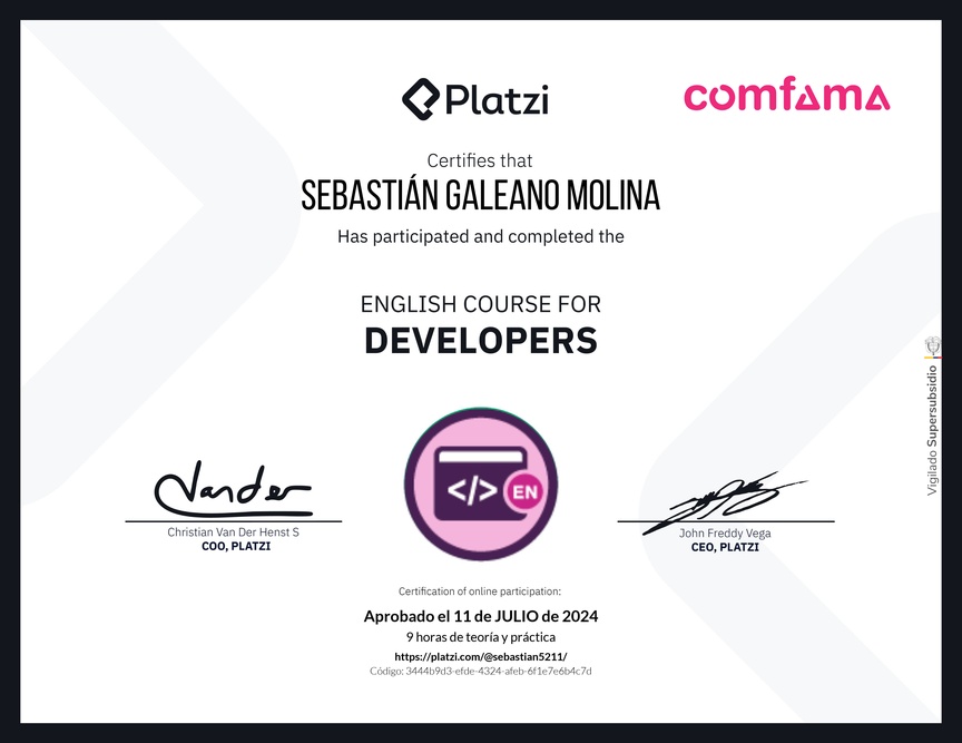 Diploma del Curso de Inglés para Programadores