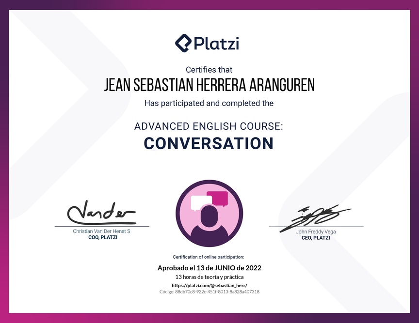 Diploma del Curso de Inglés Avanzado: Conversación 2020