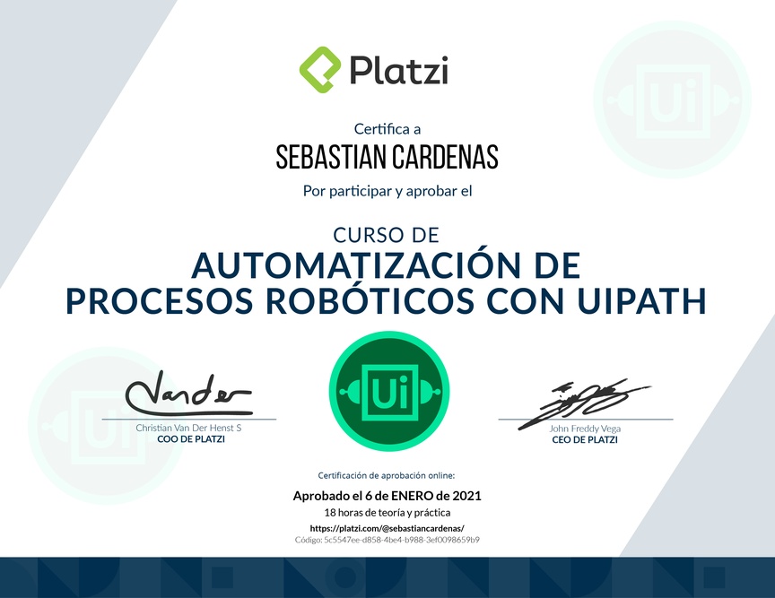 Diploma del Curso de Automatización de Procesos RPA con UiPath