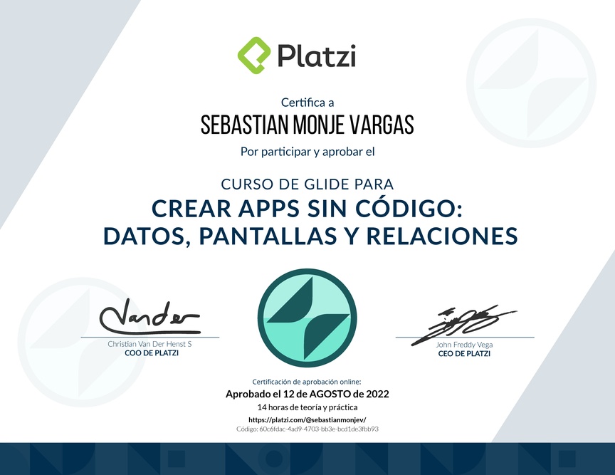 Diploma del Curso de Glide para Crear Apps Sin Código: Datos, Pantallas y Relaciones